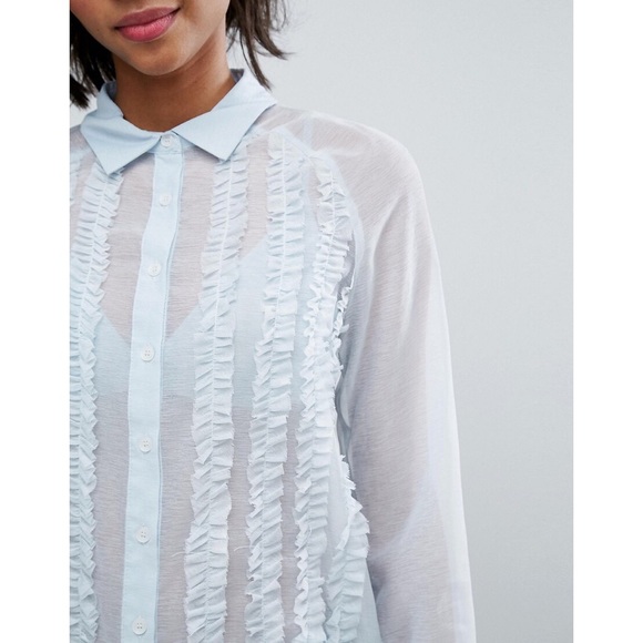 ASOS Lost Ink Blue Chiffon Shirt With Frills - Picture 3 of 15